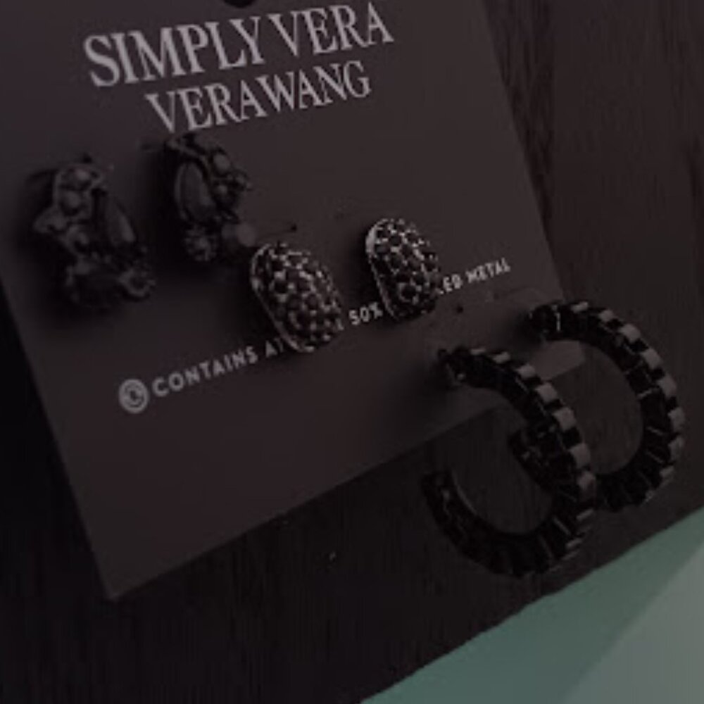VERA WANG Goth 3pc Gunmetal Black Crystal Studs + Black Chain Link Hoop Earrings - Picture 2 of 3